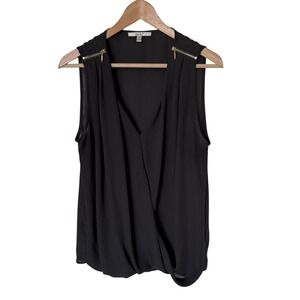 Papaya Sleeveless Wrap Blouse Women L Black Excellent Gold Zipper